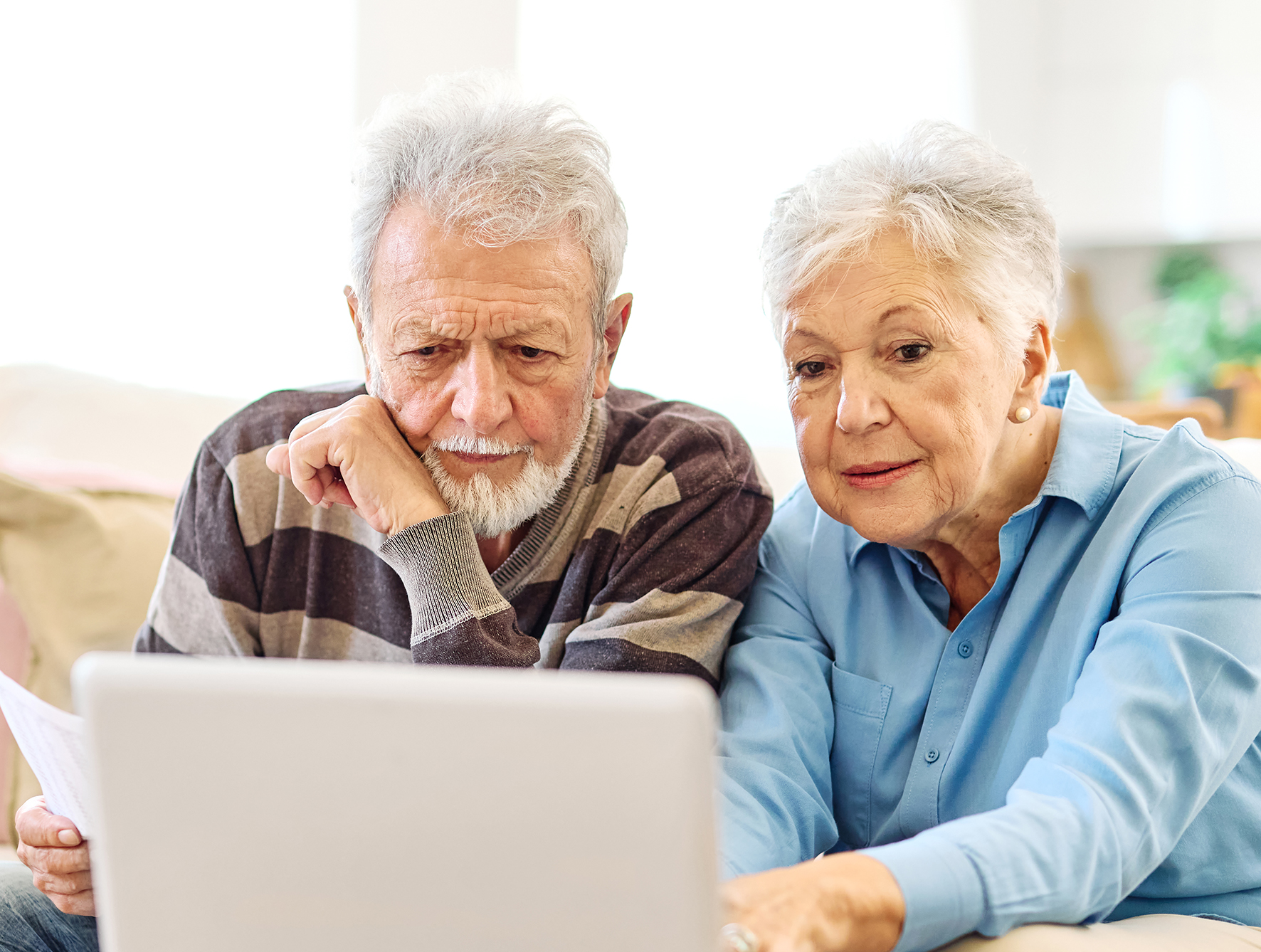 woman man senior bill finance retirement couple home document laptop wife computer budget elderly together mature old retired paperwork tax